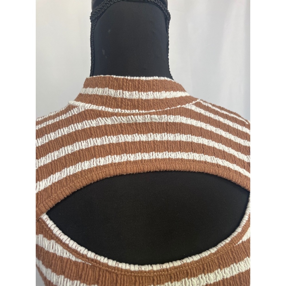 Urban Rose Brown White Striped Smocked Cutout Mock Neck Bodysuit Small 10891 - Picture 10 of 16